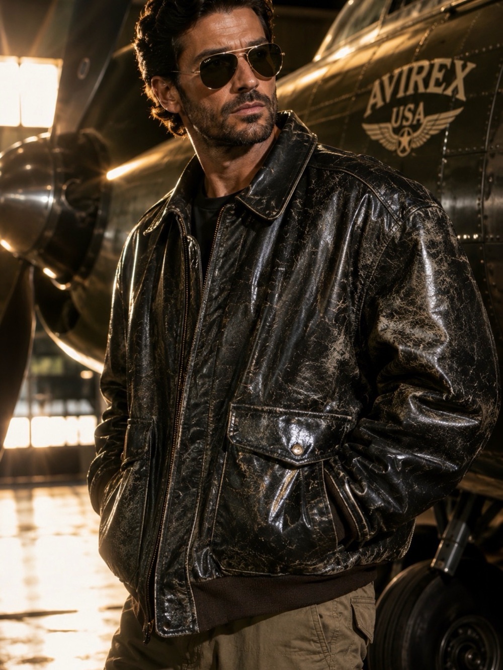 Avirex Black Distressed Leather Bomber Jacket Sz XXL